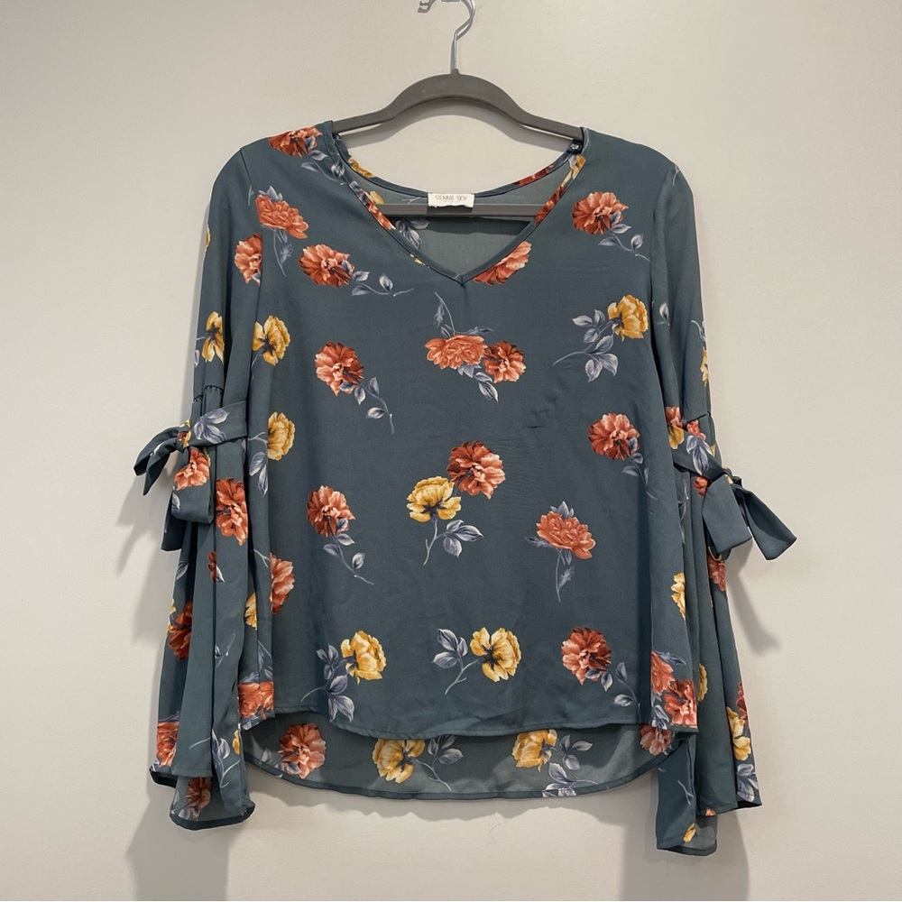 floral long sleeve flowy blouse with bows at sleeves